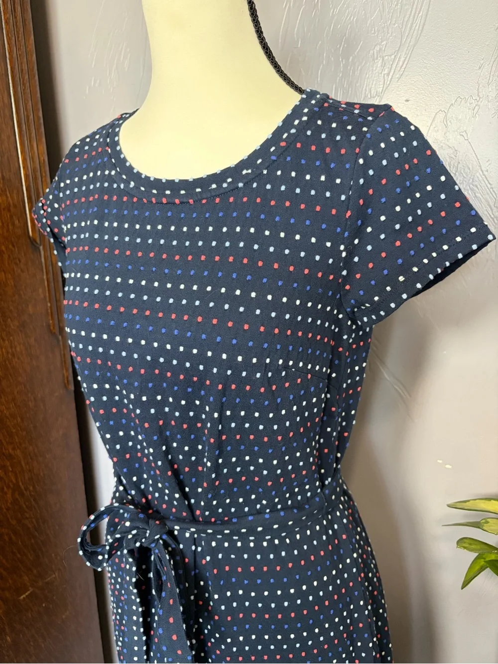Loft Texture Navy Polka Dot Tie-Waist Dress 100% Cotton XS - Picture 2 of 7